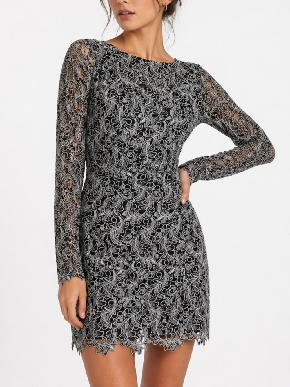 Dress the Population Lace Mini Dress Black Silver Sheath Long Sleeve Small